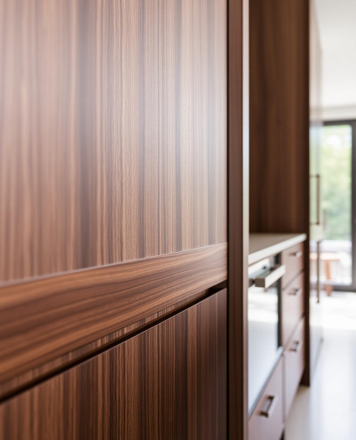 Close-up of walnut cabinet door with seamless joinery