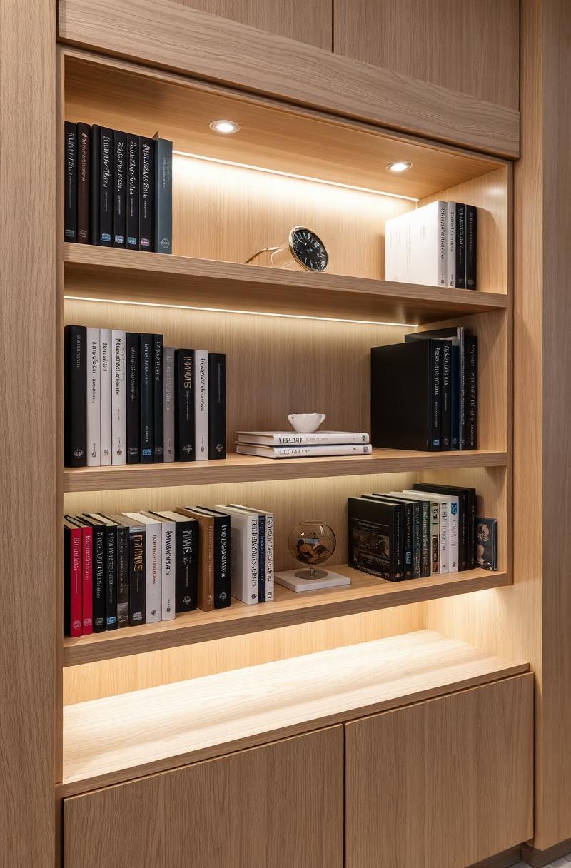 Light oak built-in bookshelf with integrated lighting